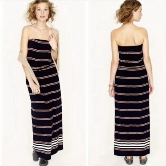 J Crew Women's Navy Blue White Jersey Strapless Pockets Striped Maxi Dress Sz M - Picture 1 of 10